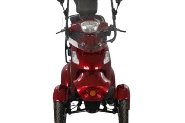 4 wheels electric golf mobility scooter in red with optional canopy, designed for outdoor use, offering comfortable transportation for golfers and individuals with mobility challenges.