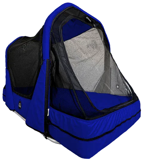 Portable pet tent with mesh and blue fabric for outdoor use