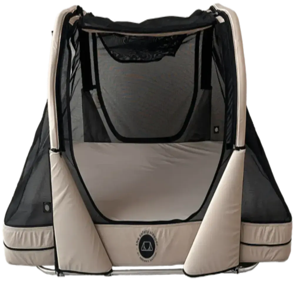 Portable baby playpen with mesh sides for safety and visibility in beige and black colors