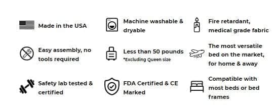 Versatile bed features including safety certifications, easy assembly, and machine washable fabric