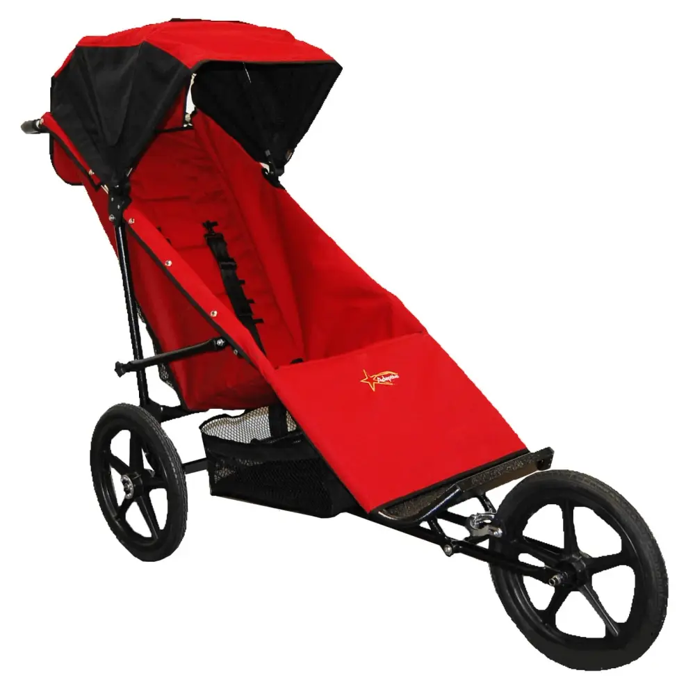 Lightweight red jogger stroller with black accents and large wheels for smooth mobility