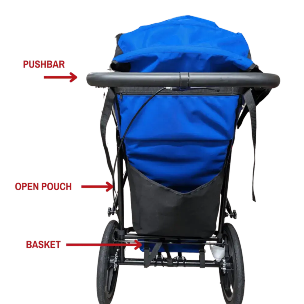 Durable blue stroller with pushbar, open pouch, and storage basket for convenience.