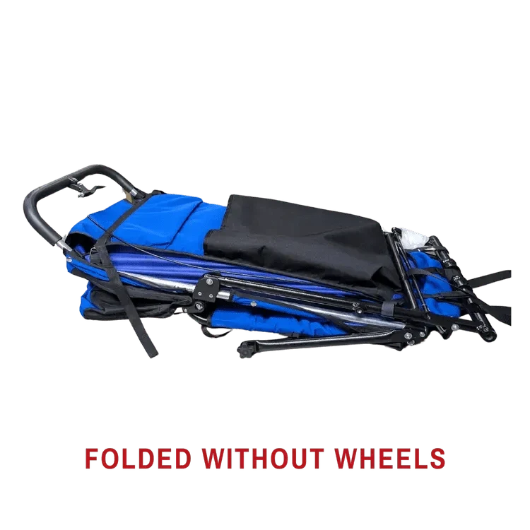 Compact blue folding stroller design, perfect for travel and easy storage