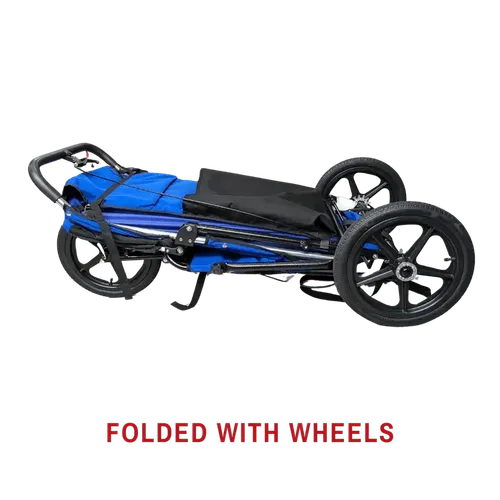 Compact blue stroller with black wheels, easily folded for storage and travel.