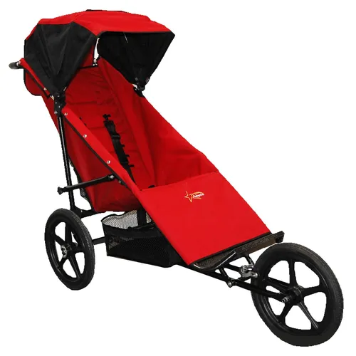 Lightweight red jogger stroller with black accents and large wheels for smooth mobility