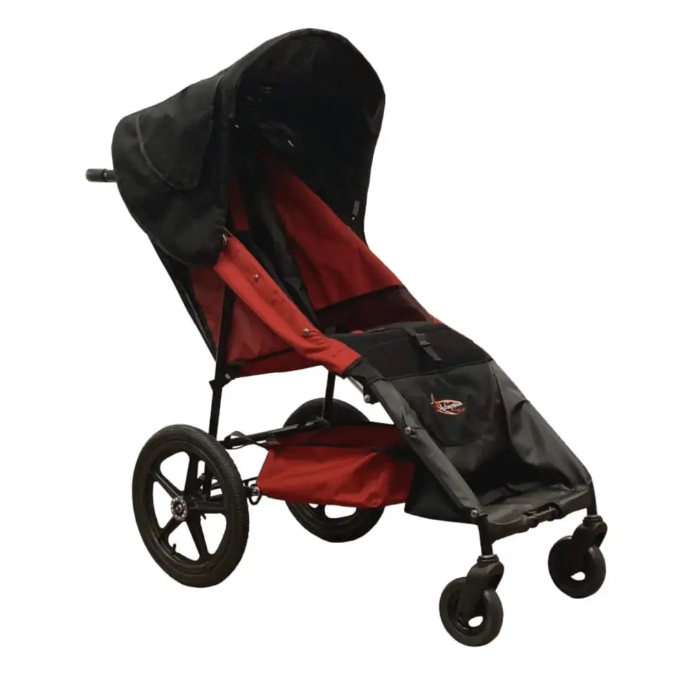 Durable red and black jogging stroller with large wheels for all-terrain use