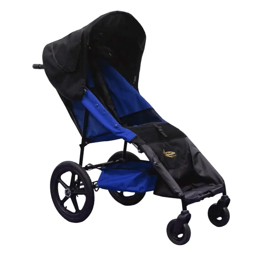 Durable blue and black jogging stroller with large wheels for easy maneuverability