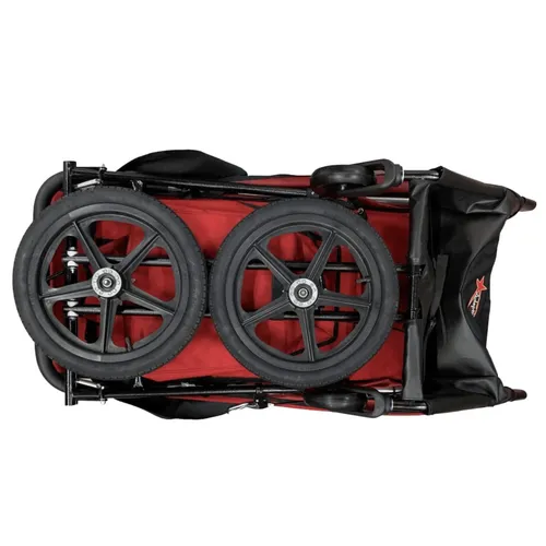 Compact folding wagon with black wheels and red fabric interior for easy transport