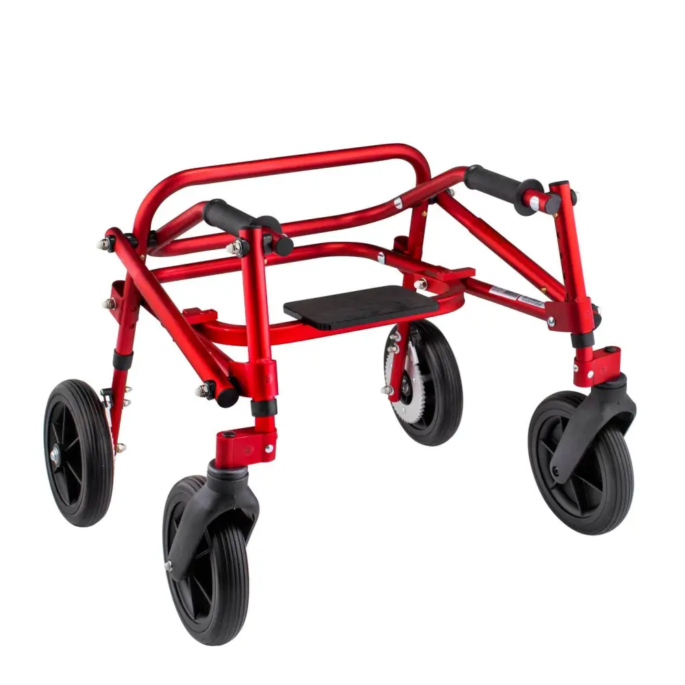 Lightweight red wheeled walker with ergonomic handles and four sturdy wheels designed for mobility support