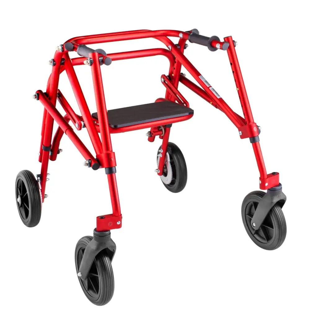 Lightweight red walking frame with four wheels and a comfortable seat for mobility assistance