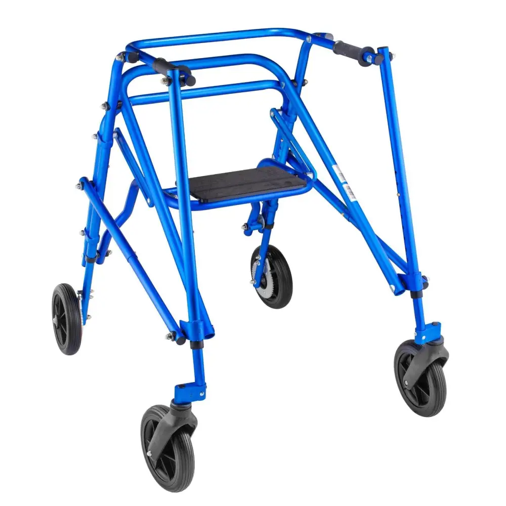 Blue folding walker with wheels and seat for improved mobility and support