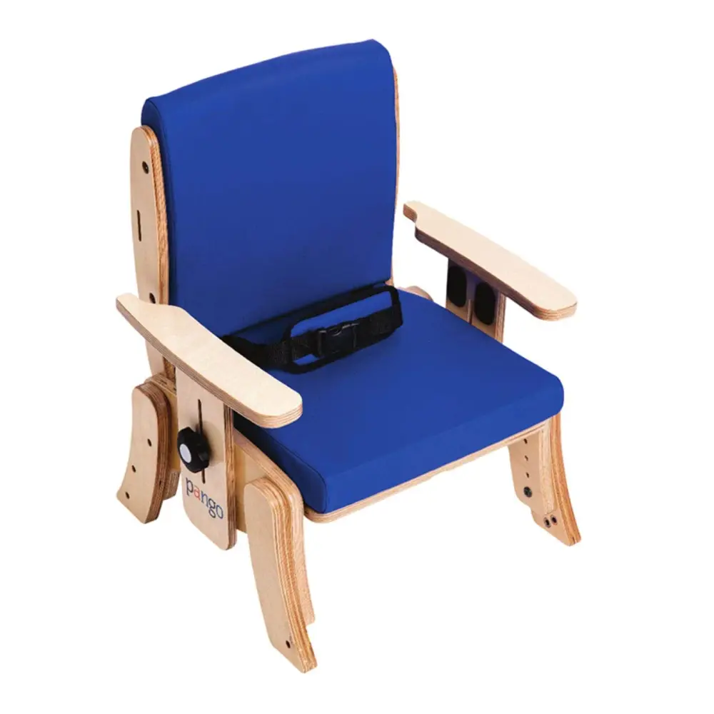 Adjustable blue children's chair with wooden frame and safety straps for comfort and support