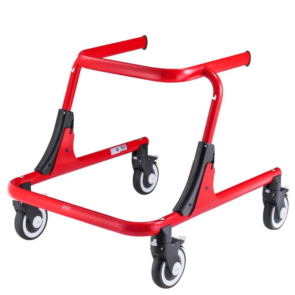 Red baby walker with sturdy frame and smooth-rolling wheels for toddlers learning to walk