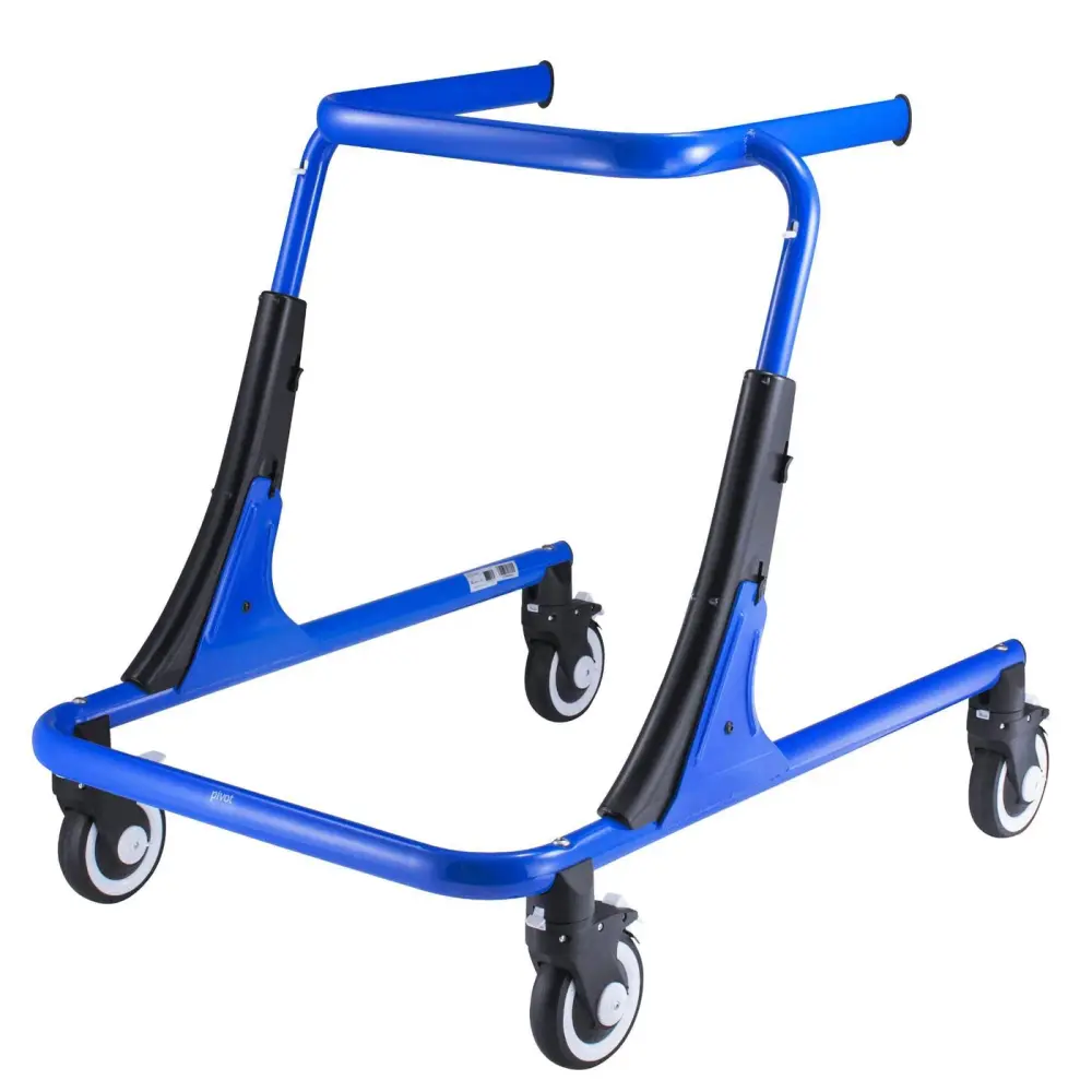 Blue rolling walker frame with four wheels for mobility assistance