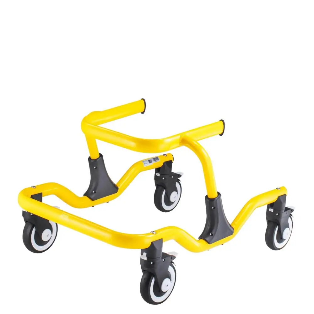 Durable yellow cart with wheels for easy mobility, ideal for transporting heavy items.