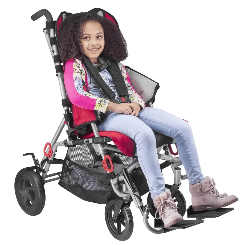 Lightweight pediatric wheelchair with safety harness and adjustable footrests for children
