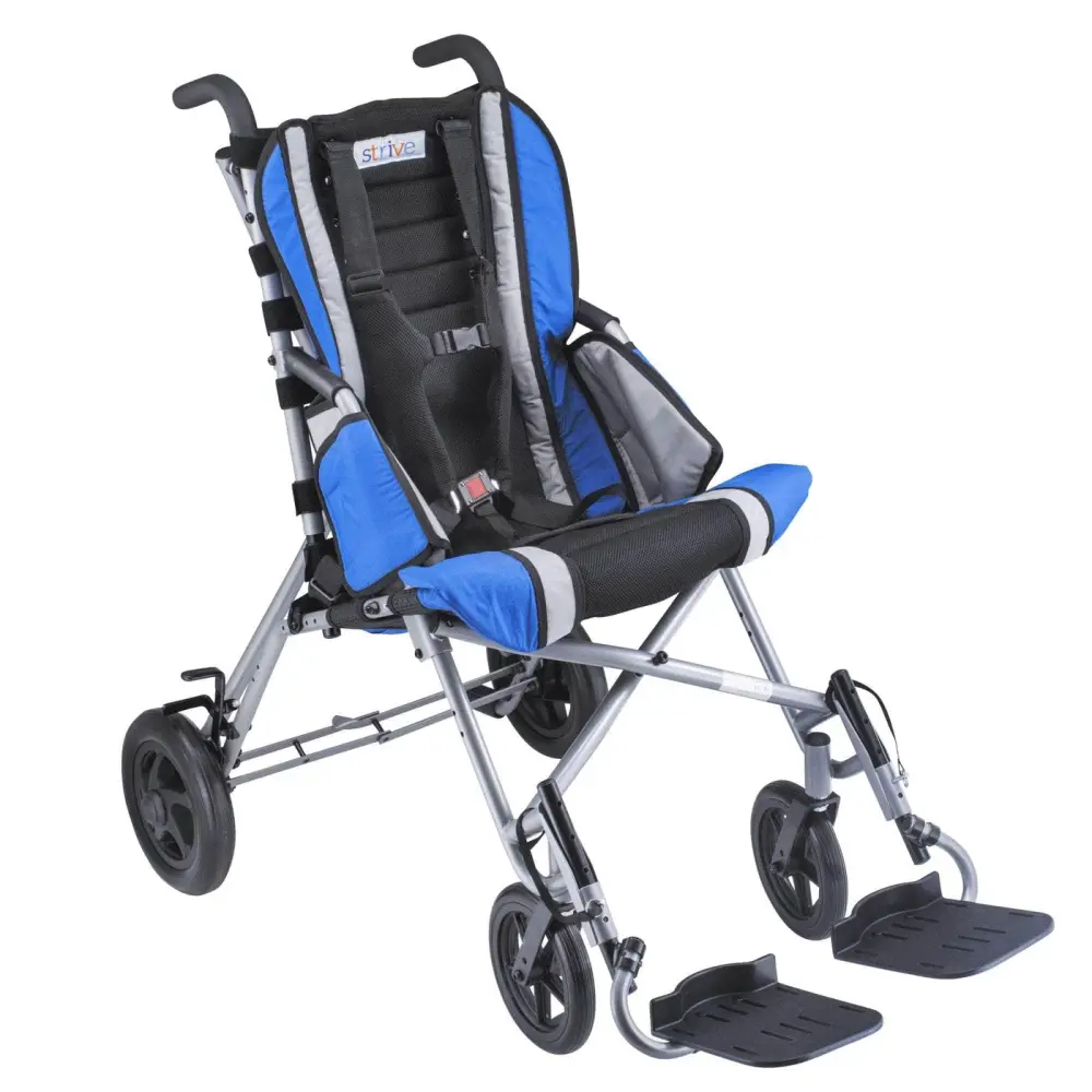 Lightweight blue stroller with adjustable seat and footrests for infants and toddlers