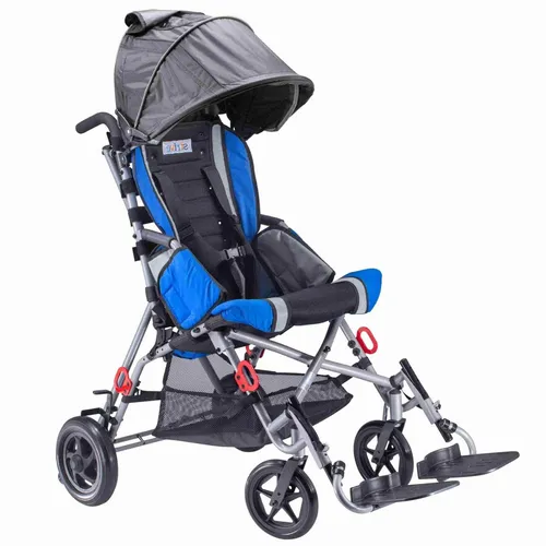 Lightweight blue and gray stroller with a canopy for infants and toddlers