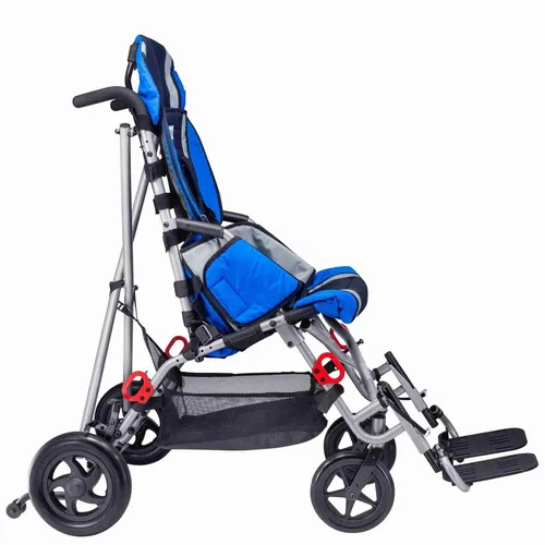 Lightweight blue baby stroller with adjustable seat and footrest for infants and toddlers