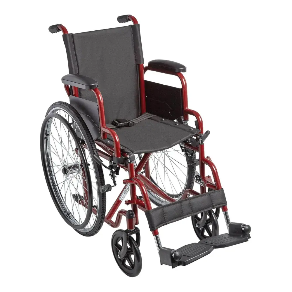 Durable red wheelchair with black seat, adjustable footrests, and comfortable armrests for mobility assistance.