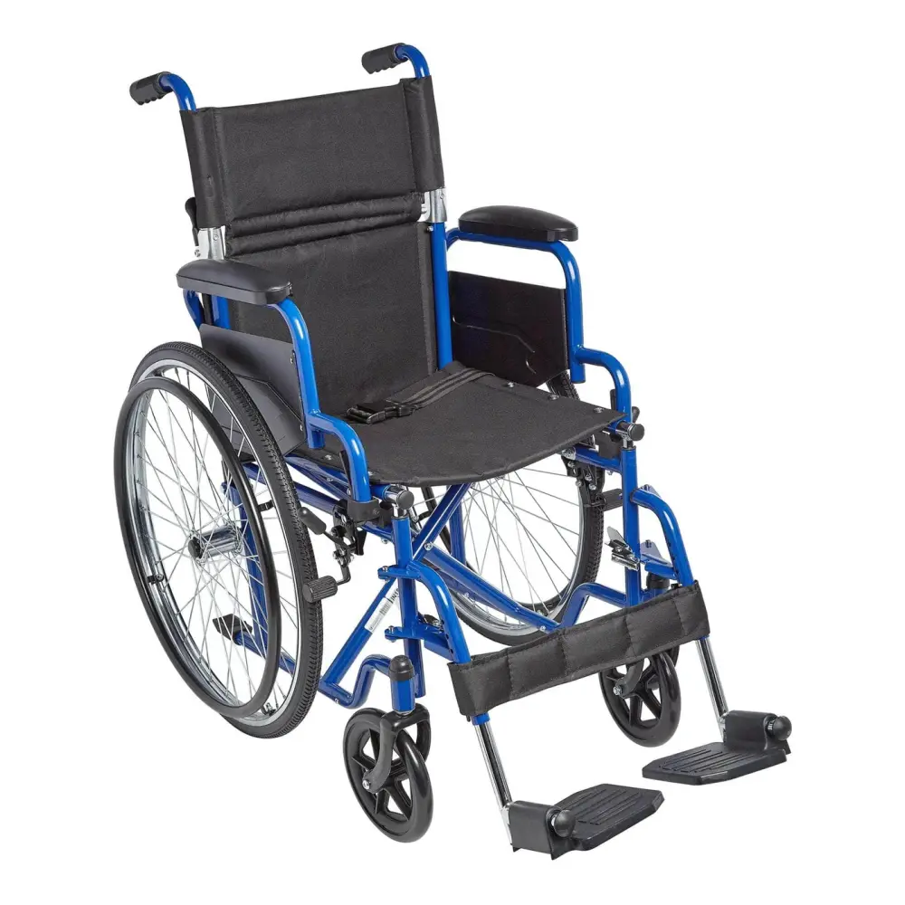 Compact blue wheelchair with black fabric seating for mobility aid