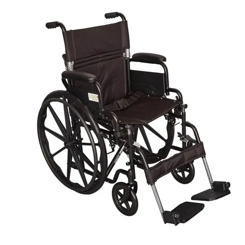 Black lightweight wheelchair with adjustable footrests and armrests for comfort and mobility