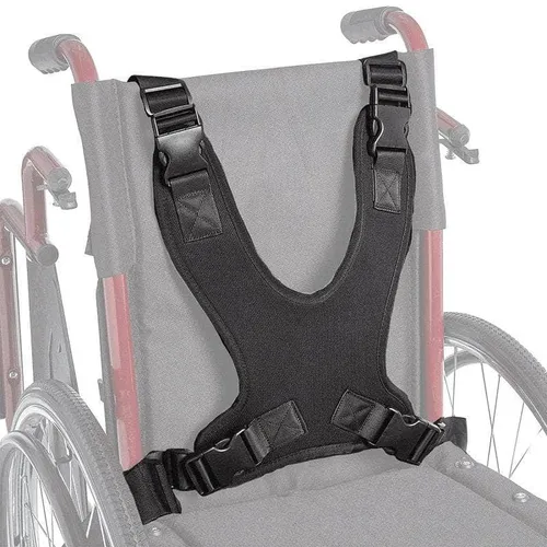 Adjustable black harness for wheelchair seat, ensuring safety and support for users.