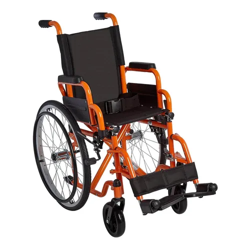 Durable orange lightweight wheelchair with padded seat and adjustable footrests