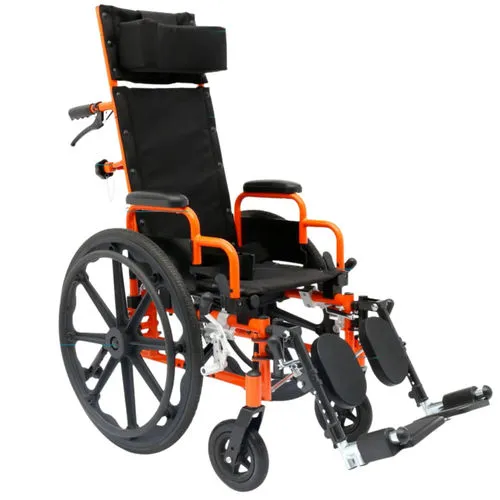 Adjustable orange and black wheelchair with footrests and head support for comfort and mobility.