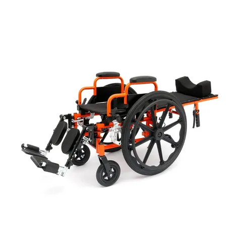 Modern adjustable wheelchair with orange accents and reclining features