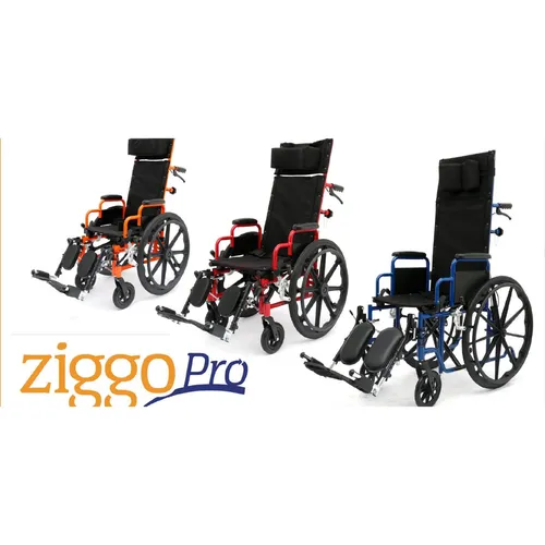 Adjustable red and black reclining wheelchair with flip-up footrests and supportive headrest