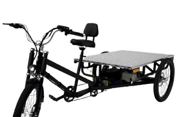 Mobility Star Electric Flatbed Cargo Tricycle with a spacious cargo platform, designed for easy transportation of goods, featuring a comfortable seat and durable wheels for stability.