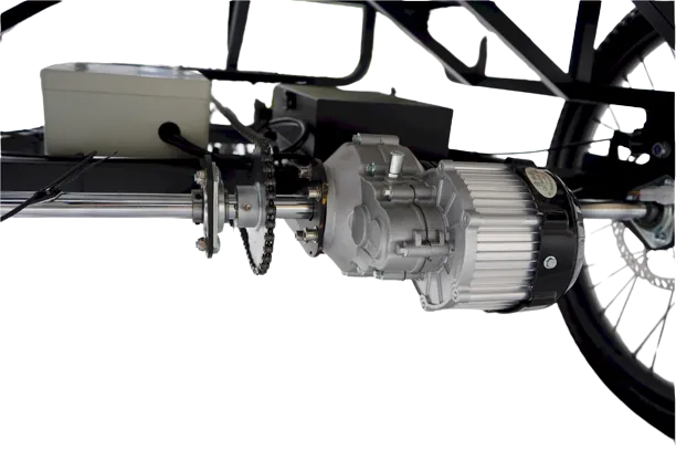 Close-up of the electric motor and drivetrain of the Mobility Star Electric Flatbed Cargo Tricycle, showcasing its robust design and efficient performance for transporting goods.