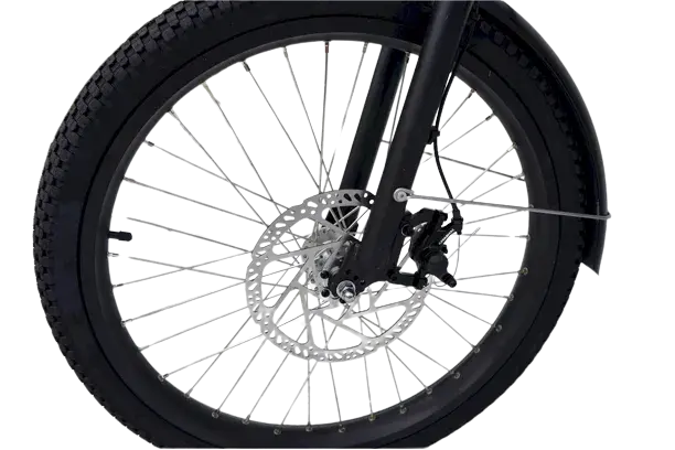 Close-up of the durable wheel and disc brake system of the Mobility Star Electric Flatbed Cargo Tricycle, designed for enhanced stability and performance in transporting cargo.