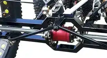 Close-up view of the sturdy frame and drivetrain components of the Electric Fat Tire Recumbent Quad, showcasing its robust design and engineering for off-road mobility.