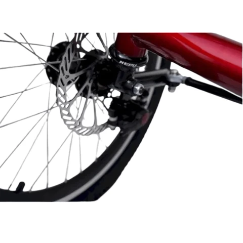 Stylish Electric Tandem Recumbent Trike showcasing the reliable disc brake system for safe riding.