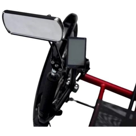 Electric Tandem Recumbent Trike with a clear LCD display panel and ergonomic handles for enhanced riding experience.