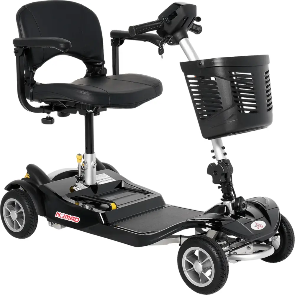 Compact electric mobility scooter with a comfortable seat and removable storage basket