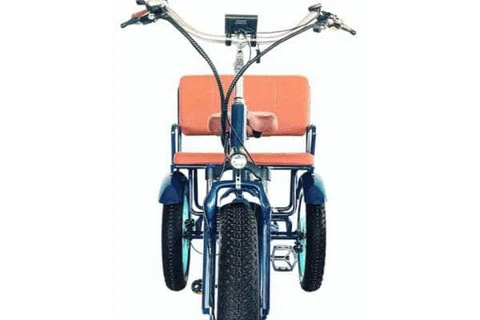 Front view of the EVRYjourney 750W Electric Tricycle Rickshaw featuring a passenger seat, ideal for comfortable urban transport with electric power.