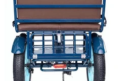 Rear view of the EVRYjourney 750w Electric Tricycle Rickshaw displaying wide tires for stability.