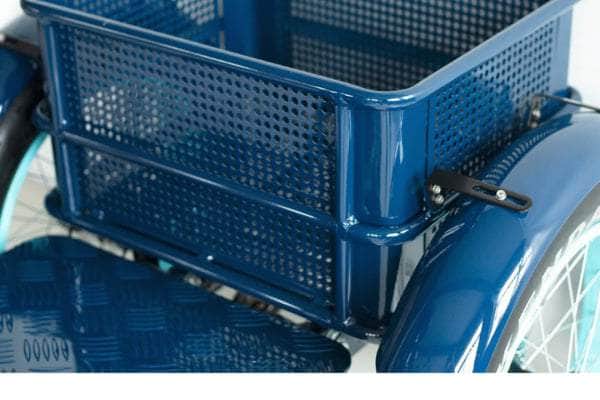 EVRYjourney Electric Tricycle Rickshaw rear basket, featuring a sturdy, perforated design for carrying groceries or personal items, ideal for urban mobility.