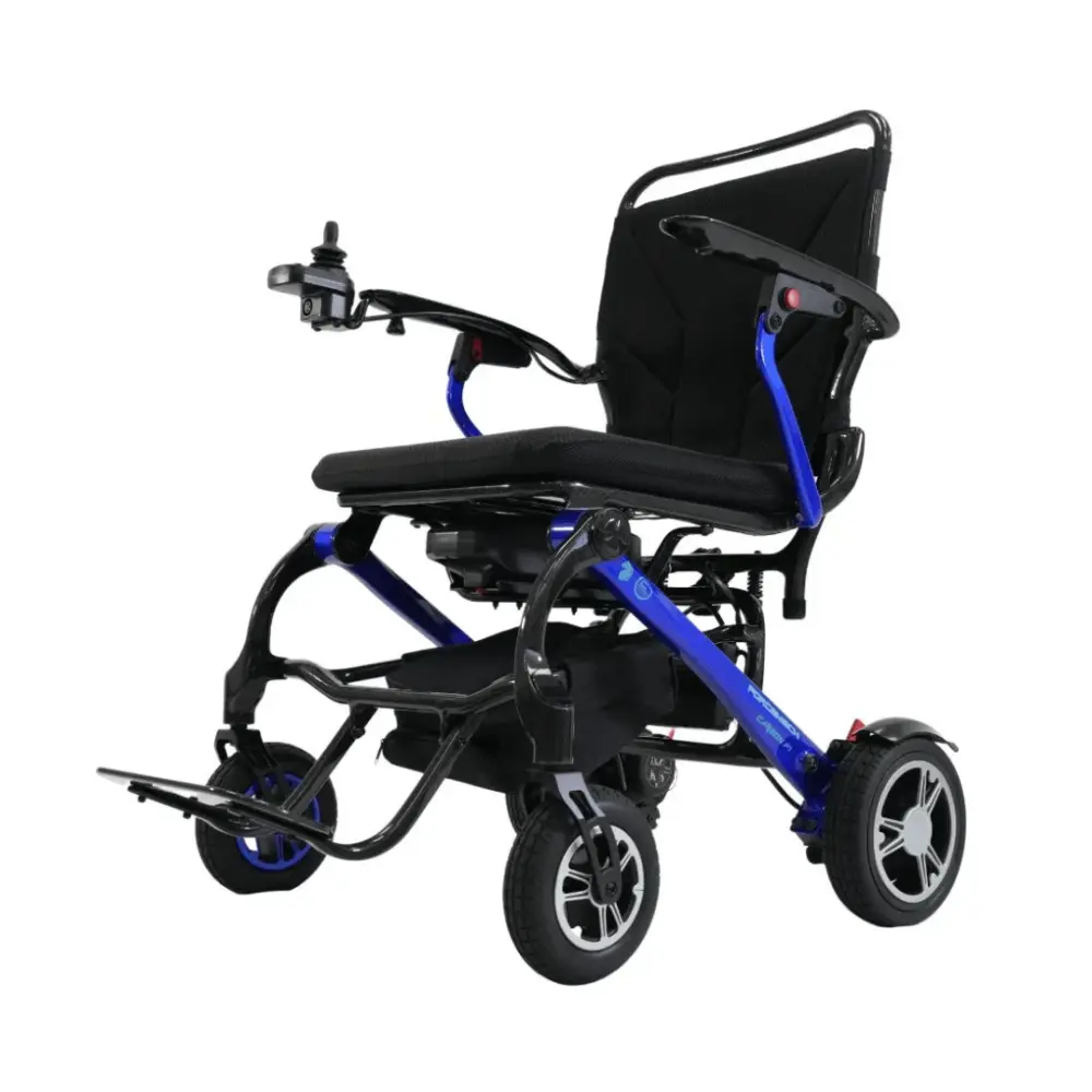 Compact electric wheelchair with black seat and blue accents for mobility and comfort