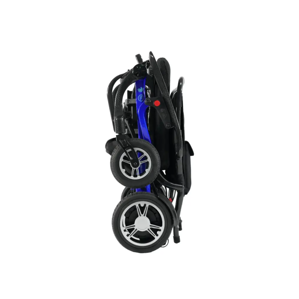 Compact and lightweight blue folding stroller with dual wheels for easy transport