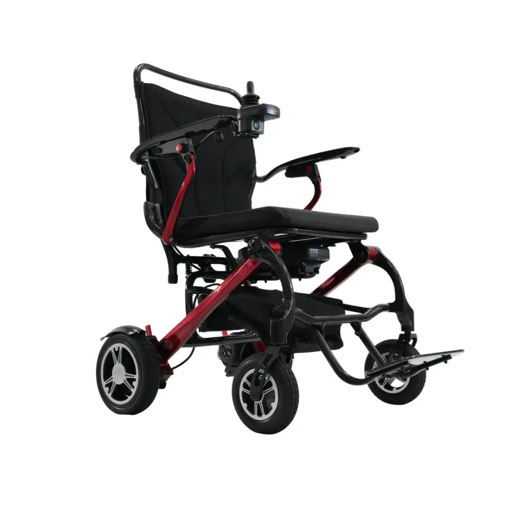 Lightweight electric wheelchair with black seating and red frame for mobility support