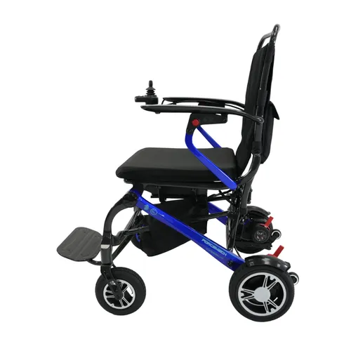 Compact electric wheelchair with blue frame and black seat for easy mobility