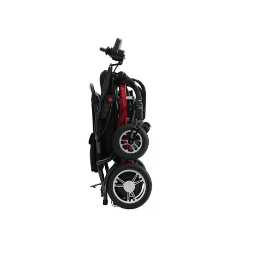 Folded lightweight stroller with red accents, designed for easy transport and storage