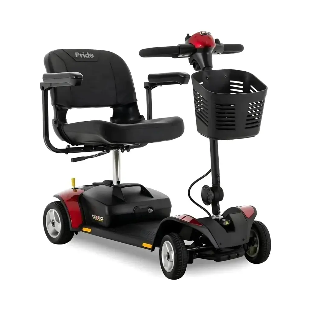 Pride Go-Go Elite Traveller 4-Wheel travel scooter front right view in red
