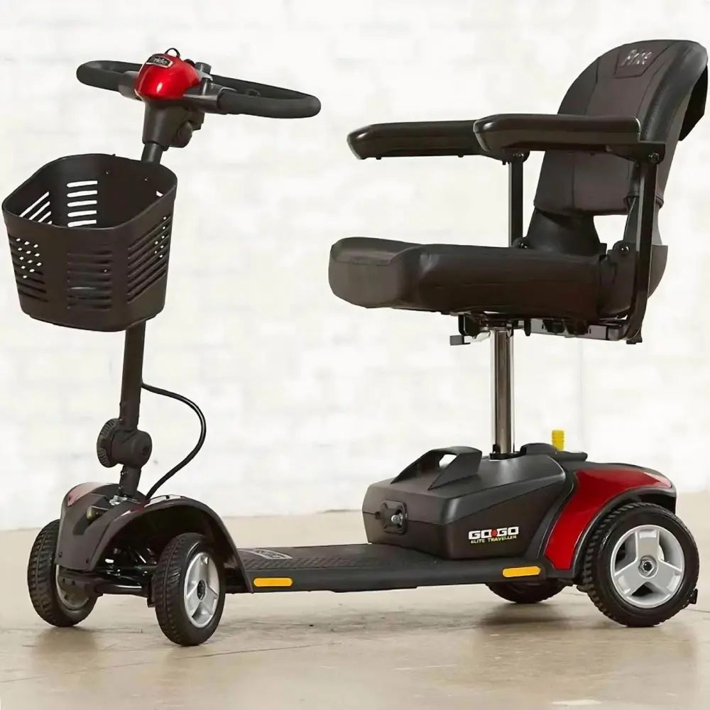 Pride Go-Go Elite Traveller 4-Wheel scooter left side view in red