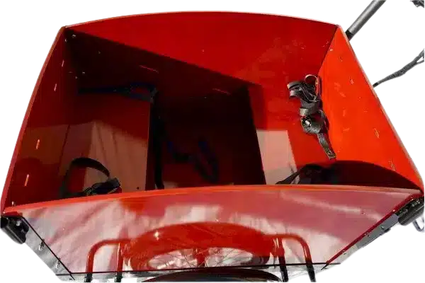 Interior view of the spacious cargo area with safety straps on the Mobility Star Classic Electric Dutch Cargo Tricycle.