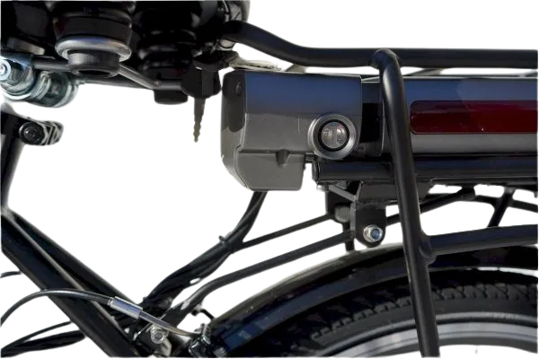 Close-up of the removable battery on the Mobility Star Classic Electric Dutch Cargo Tricycle for long-lasting power.
